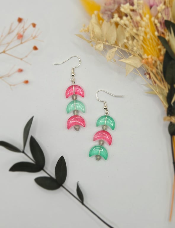Handmade Asymmetrical Crescent Moon Labradorite Dange Earrings