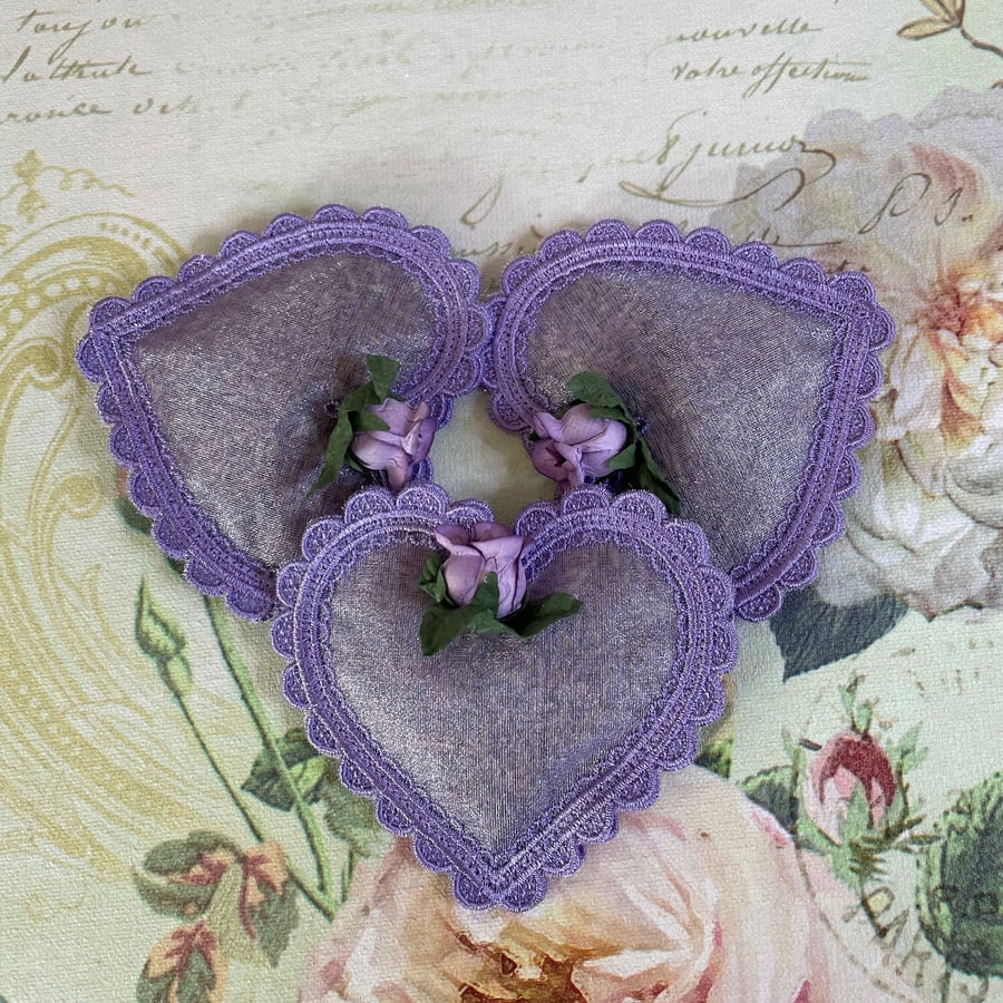 Lace Organza Rose Lavender Heart Set of  3 PB2