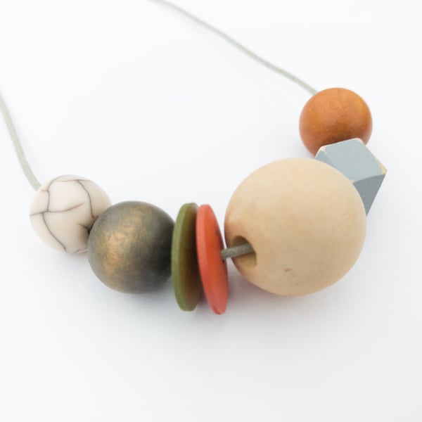 Mila - Autumnal wooden bead necklace, burnt orange, grey and olive green
