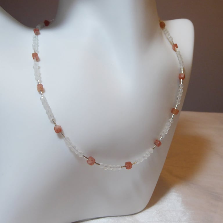 Sunstone and Moonstone Adjustable Necklace with Sterling and Fine Silver 