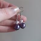 Purple pearl and crystal bead drop earrings 