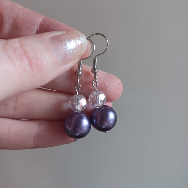 Purple pearl and crystal bead drop earrings 