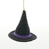 Crochet Witch Hat Hanging Decoration with Purple Stripe, Halloween Decoration
