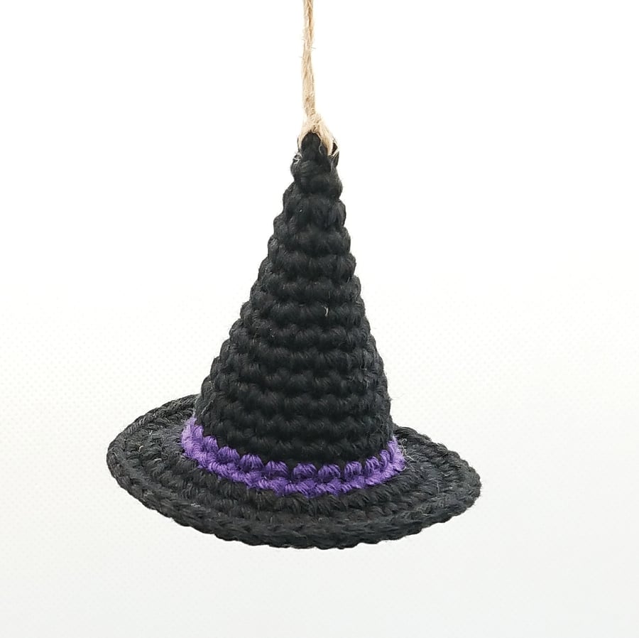 Crochet Witch Hat Hanging Decoration with Purple Stripe, Halloween Decoration