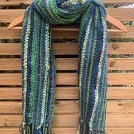 Handwoven statement scarf in shades of lime green and blue