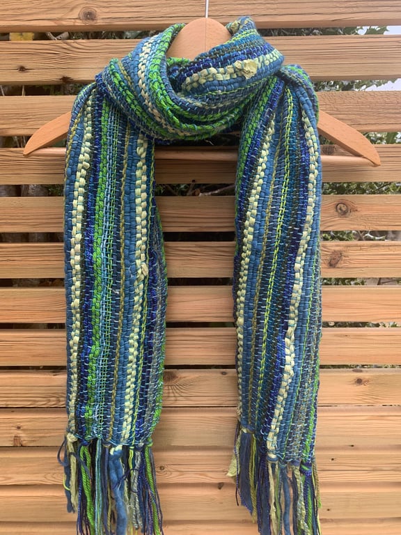 Handwoven statement scarf in shades of lime green and blue