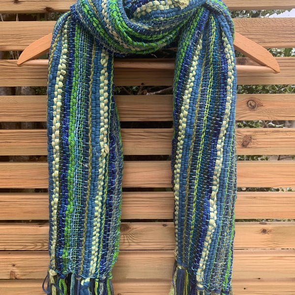 Handwoven statement scarf in shades of lime green and blue