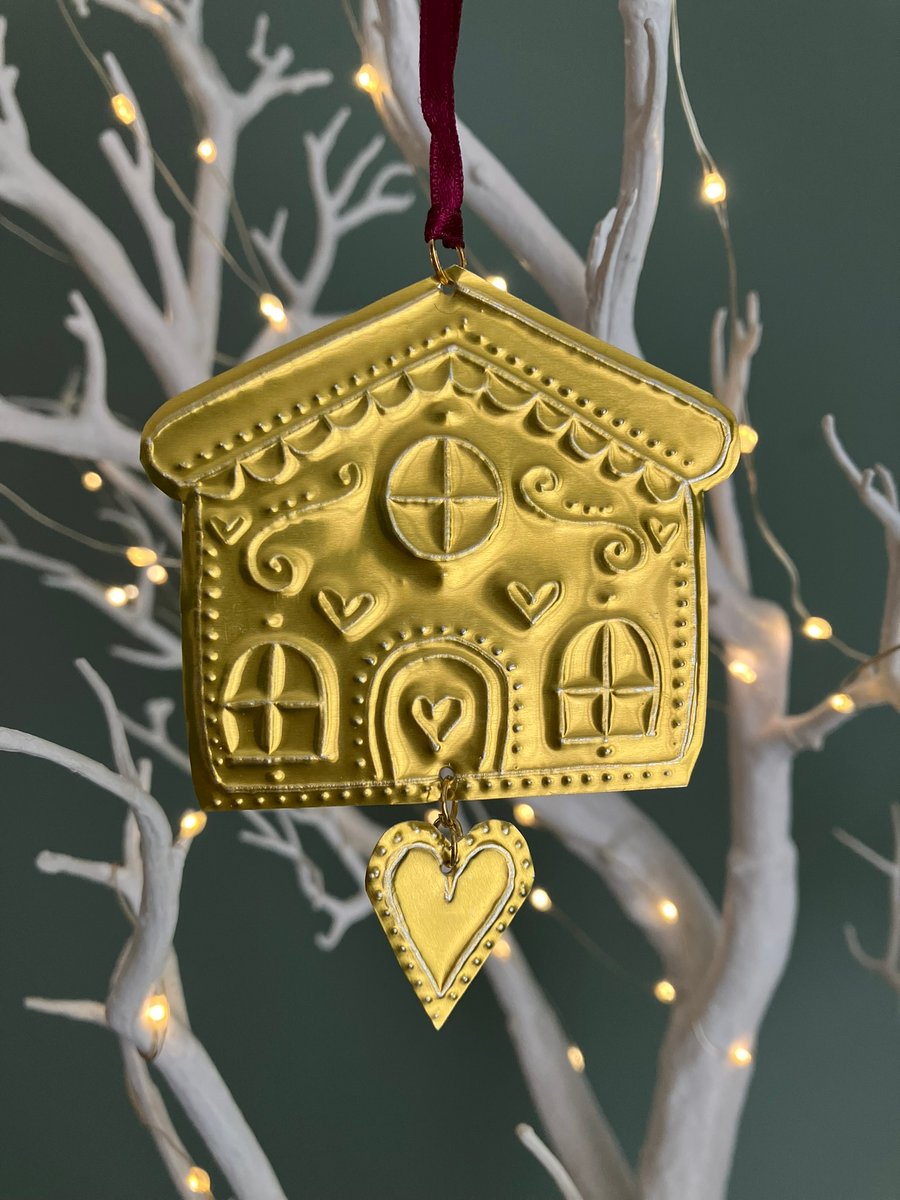 Hand Drawn Gold Tin Gingerbread House with Heart Hanging Decoration 