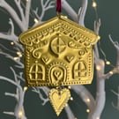 Hand Drawn Gold Tin Gingerbread House with Heart Hanging Decoration 