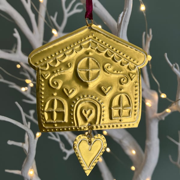 Christmas Hand Drawn Gold Tin Gingerbread House with Heart Hanging Decoration 