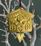 Hand Drawn Gold Tin Gingerbread House with Heart Hanging Decoration 