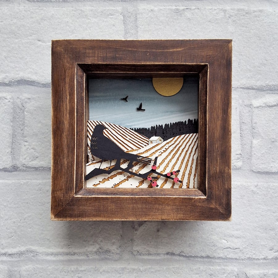 Winter Fields Picture, Miniature Diorama, Bird Picture, Winter Landscape