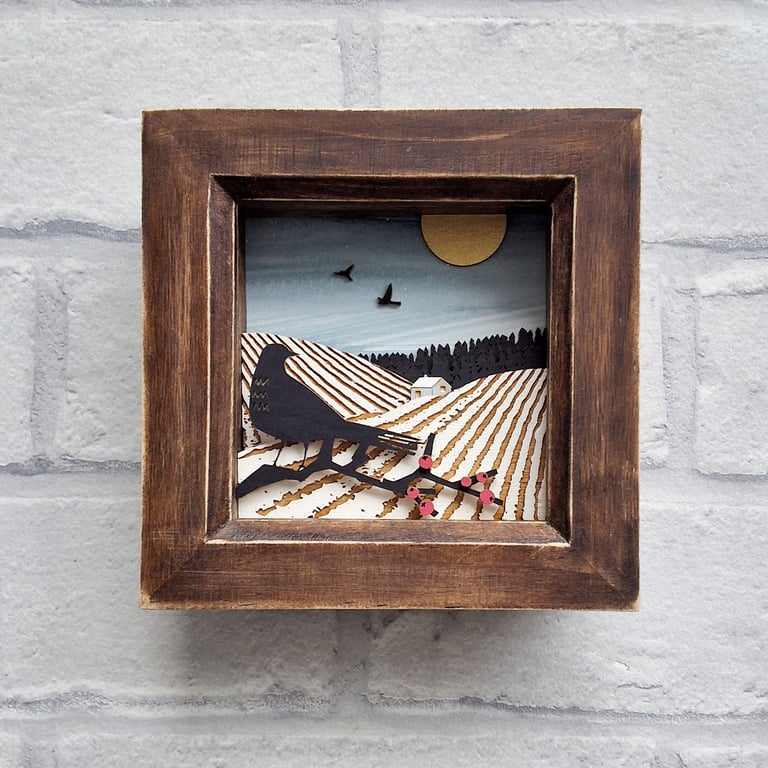 Winter Fields Picture, Miniature Diorama, Bird Picture, Winter Landscape