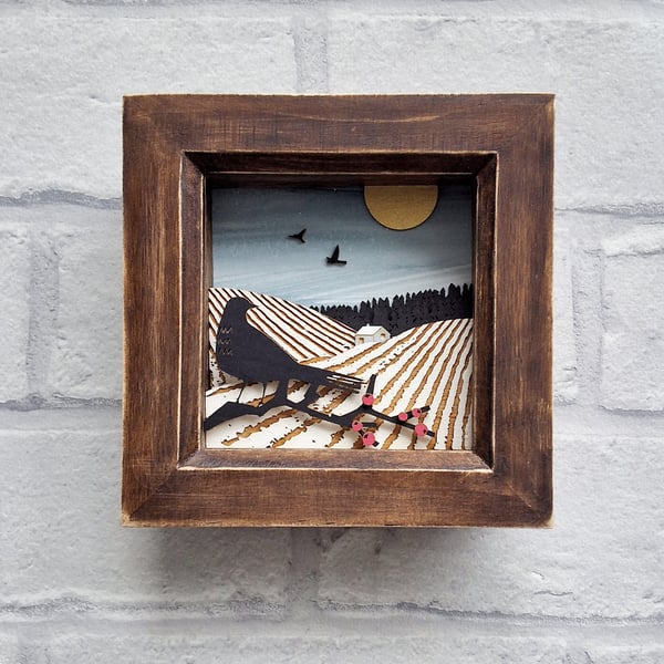 Winter Fields Picture, Miniature Diorama, Bird Picture, Winter Landscape