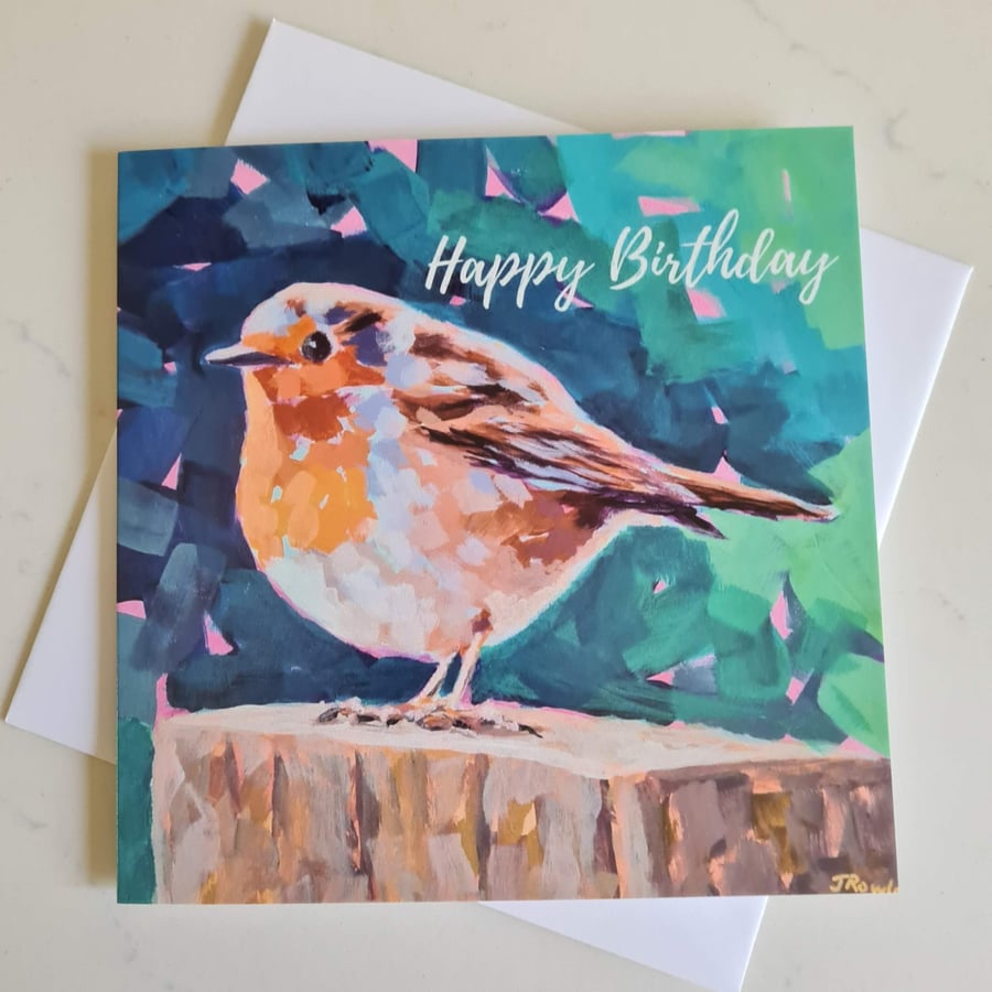 Robin bird painting printed birthday card