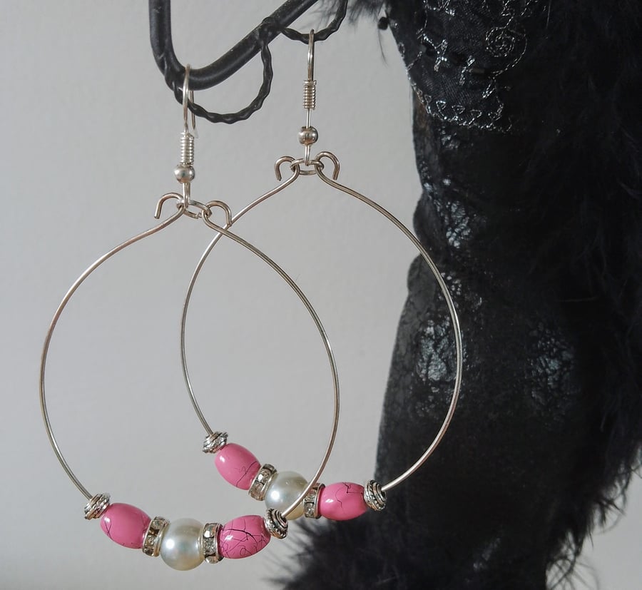 Handmade Pink Glass Beads & Faux Pearl Sparkling Hoop Earrings