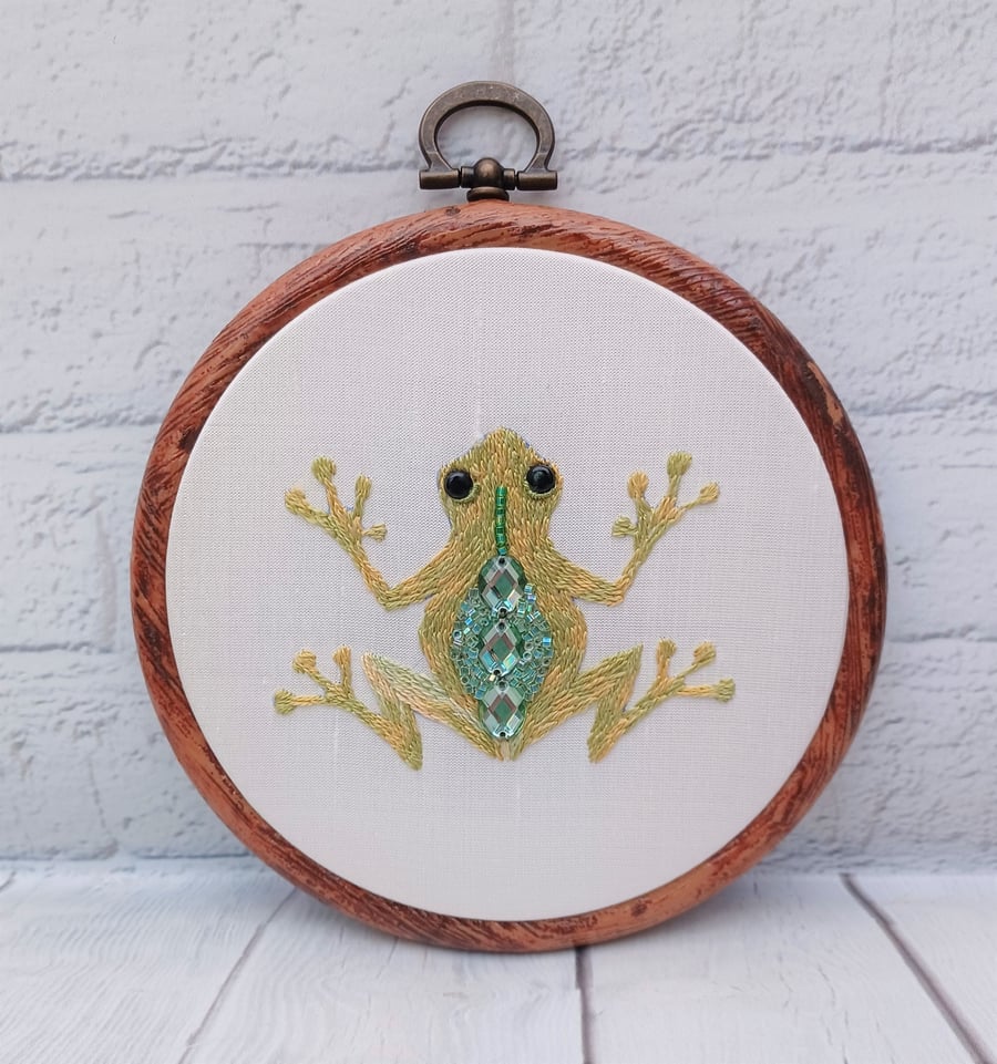 Hand Embroidered Frog Hoop Art with Bead Embroidery & Crystal Embellishments, Un