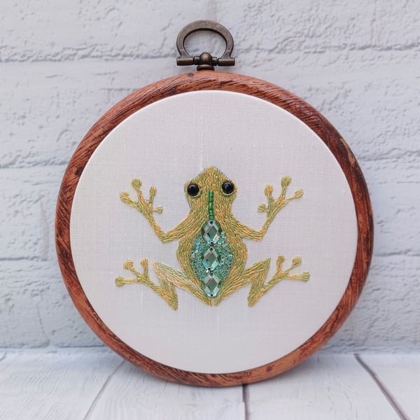 Hand Embroidered Frog Hoop Art with Bead Embroidery & Crystal Embellishments, Un