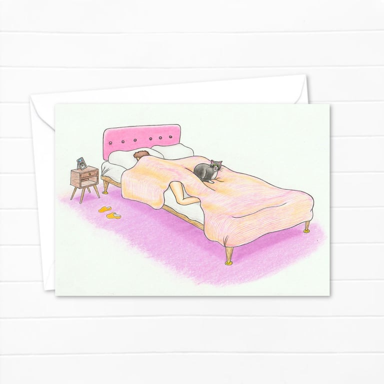 Cute Cat Greeting Card: Cosy Bed Cat Illustration (312)