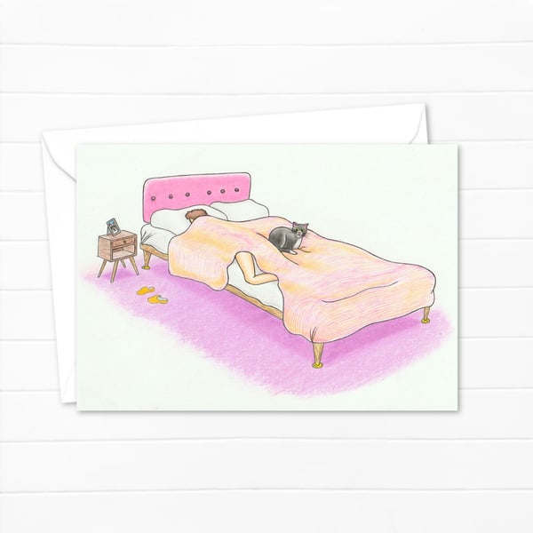 Cute Cat Greeting Card: Cosy Bed Cat Illustration (312)