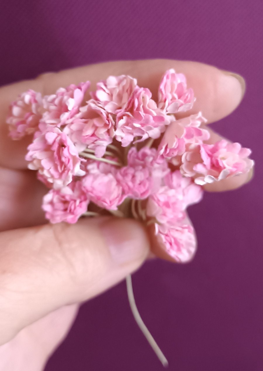 Pack Of 20 Small Pink Carnation Mulberry Paper Flowers On Light Green Wire Stems
