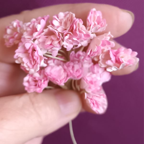 Pack Of 20 Small Pink Carnation Mulberry Paper Flowers On Light Green Wire Stems
