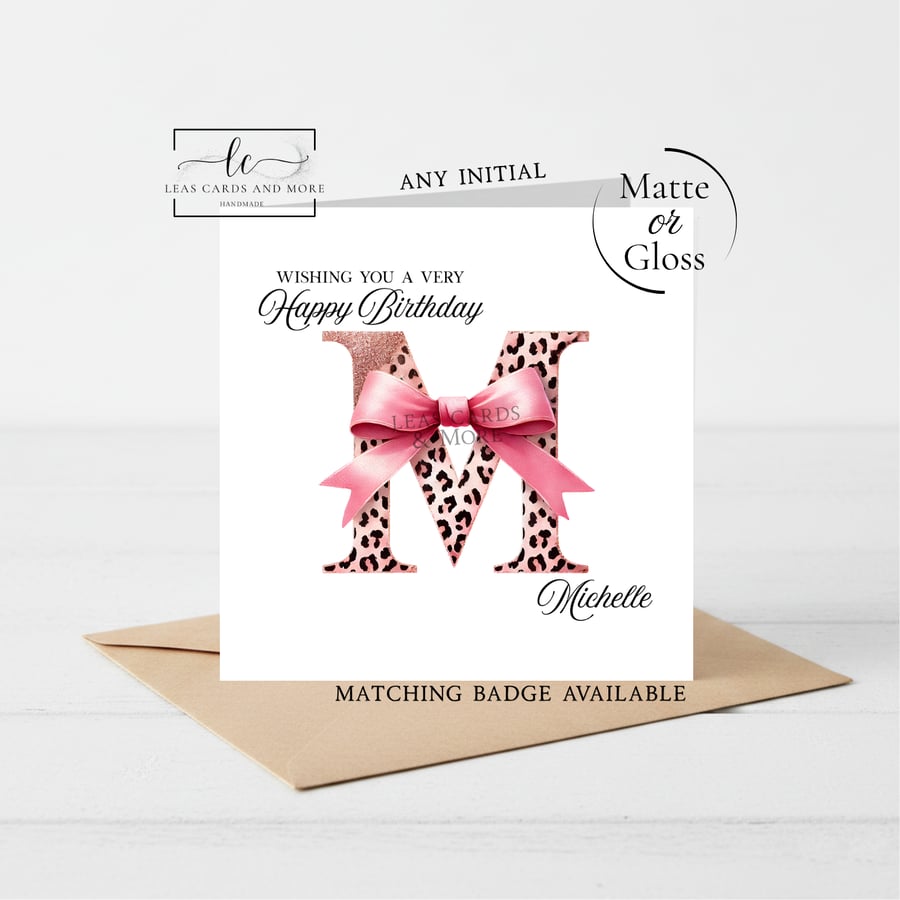 Pink Leopard Print Initial Theme Happy Birthday Card