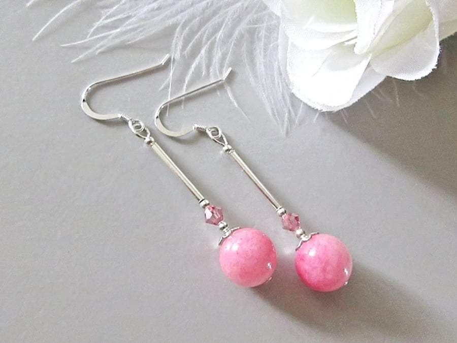 Rose Pink & White Quartz Earrings With Crystals & Sterling Silver Tubes