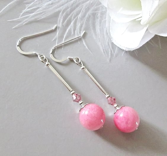 Rose Pink & White Quartz Earrings With Crystals & Sterling Silver Tubes