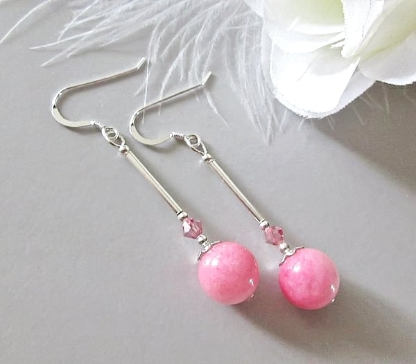 Rose Pink & White Quartz Earrings With Crystals & Sterling Silver Tubes