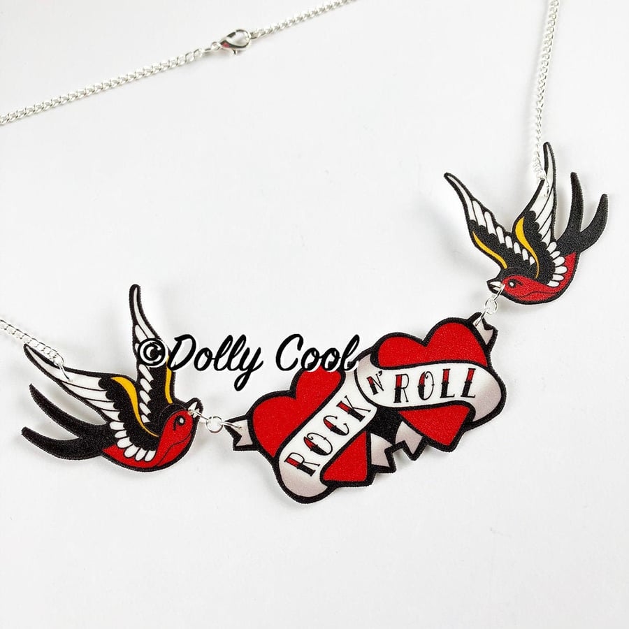 Swallow necklace Tattoo style - Rock n Roll with tattoo inspired hearts 