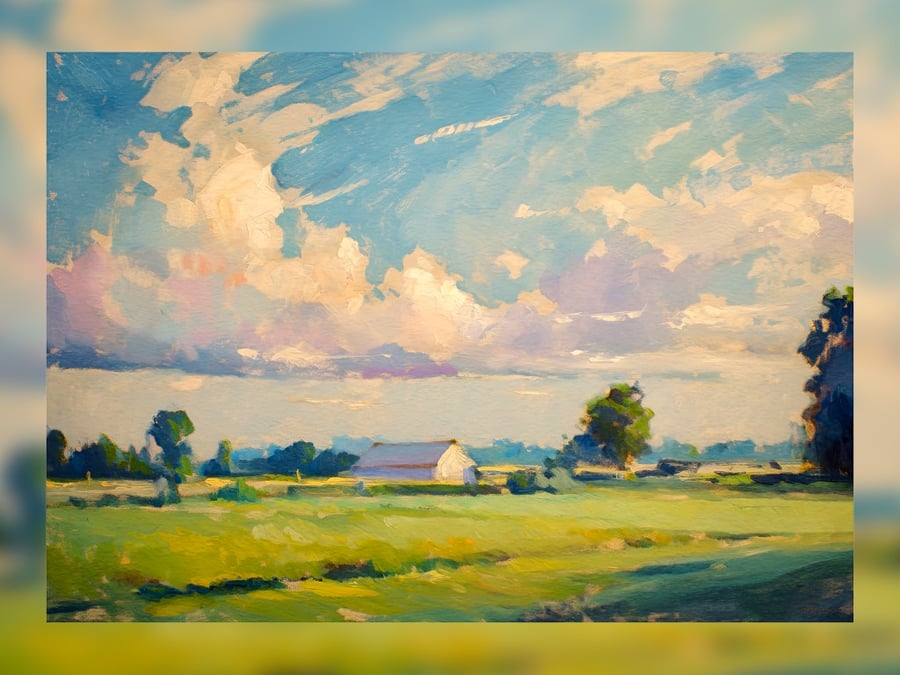 Countryside Landscape, Serene Oil Painting of Rural Beauty 5"x7" Matte Print 