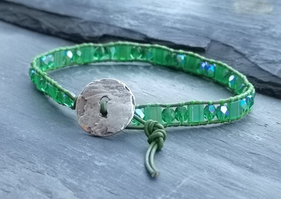 Bright green leather and glass bead bracelet with silver button