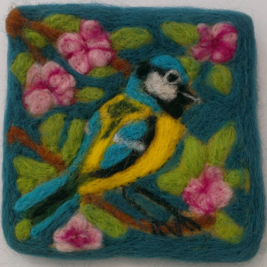 Needle Felted Blue Tit & Cherry Blossom Picture