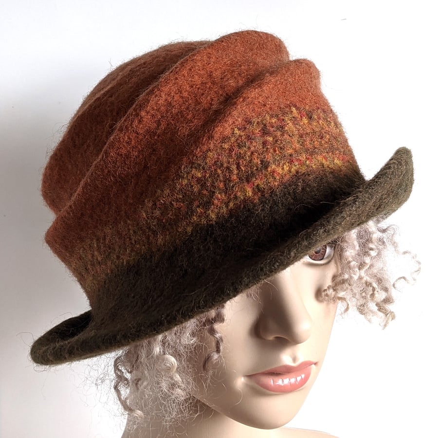 Rust and olive felted wool hat - One of the 'Squashable' range