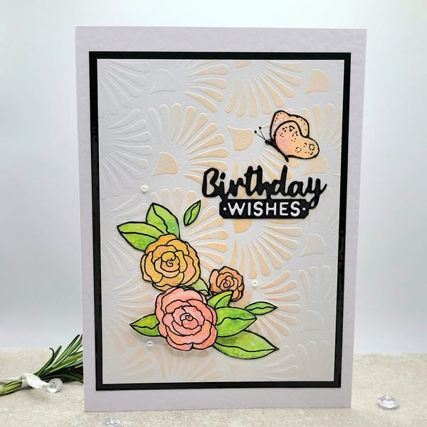 Card -  birthday, handpainted cards, roses, butterfly, embossed