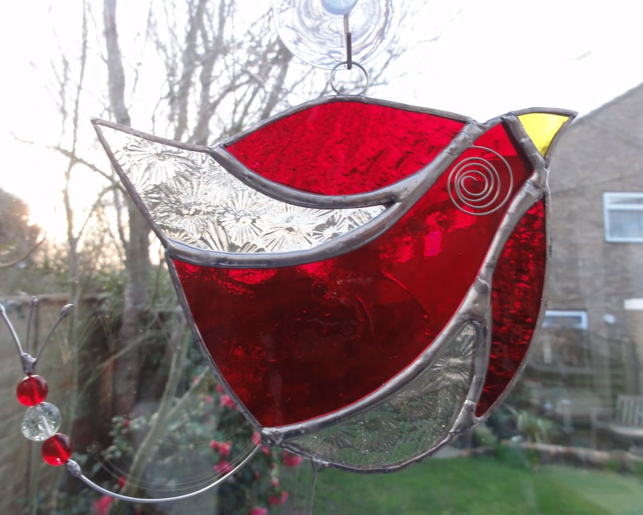 Stained Glass Funky Bird Suncatcher  - Red and Clear