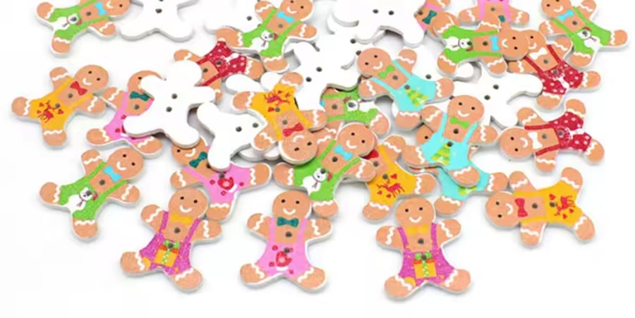 10 x Gingerbread man shaped wooden buttons, sewing, crafts, cards