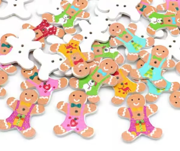 10 x Gingerbread man shaped wooden buttons, sewing, crafts, cards