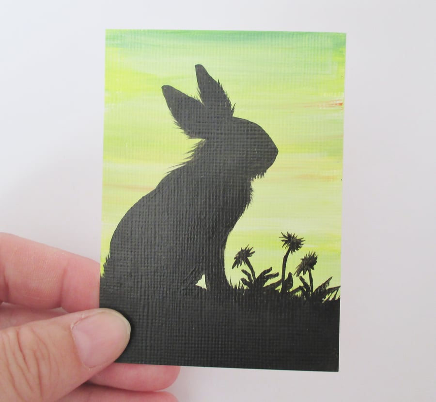 ACEO Bunny Rabbit Lionhead Silhouette with Green Yellow Sky Original Painting
