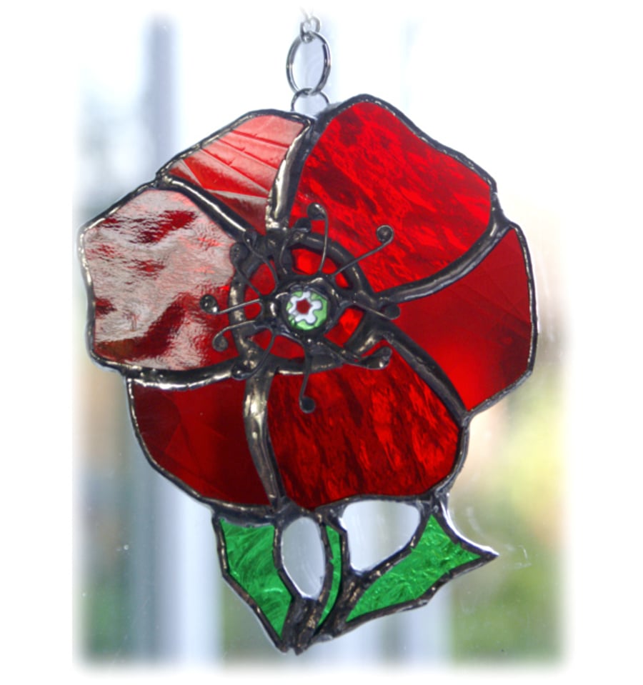 Poppy Suncatcher Stained Glass Handmade Red Flower 023