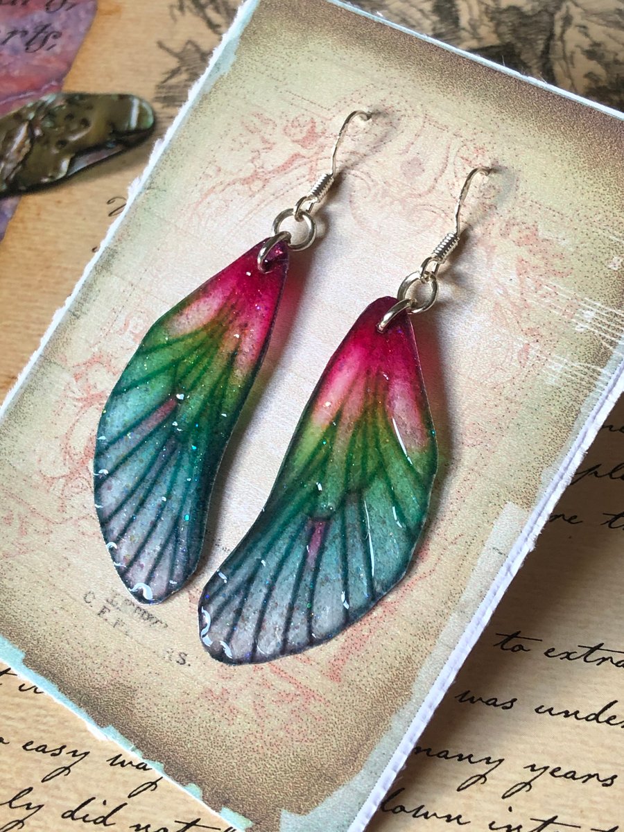 Pink and Green Fairy Wing Sterling Silver Earrings