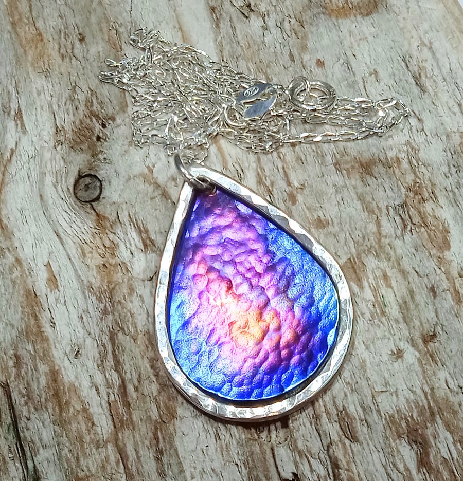 Sterling Silver and Titanium Teardop Pendant Necklace - UK Free Post