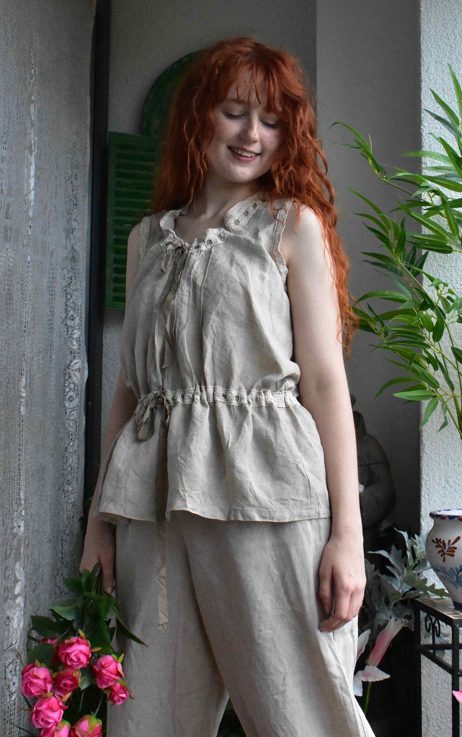 Victorian Style Romantic Boho Natural Linen 'Nora' Camisole Top - Made to order