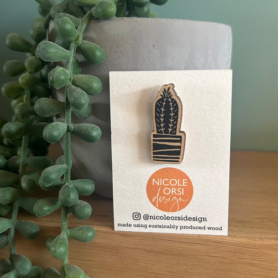 'Prickly Cactus' Wooden Pin Badge