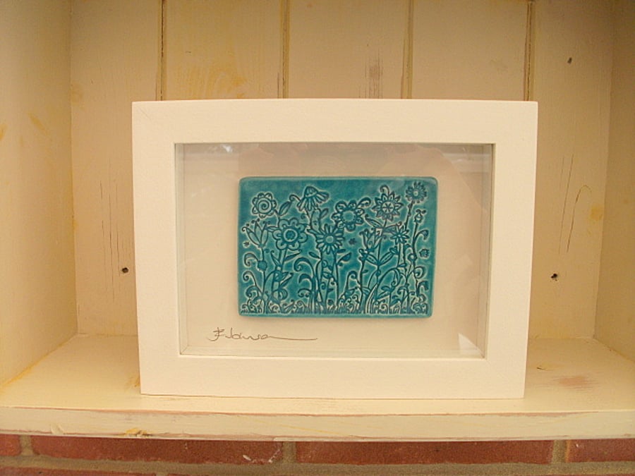Turquoise ceramic plaque picture - Rustic white frame