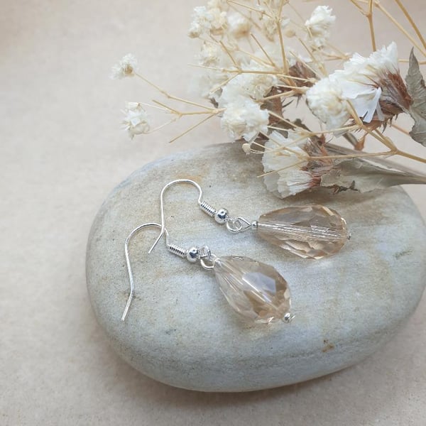 on sale silver plated earrings with large champagne coloured crystal beads