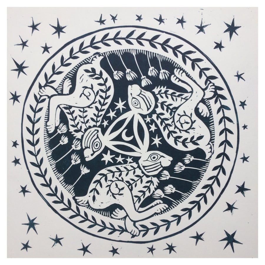 'Three Hares' Folklore Original Limited Edition Lino Print 