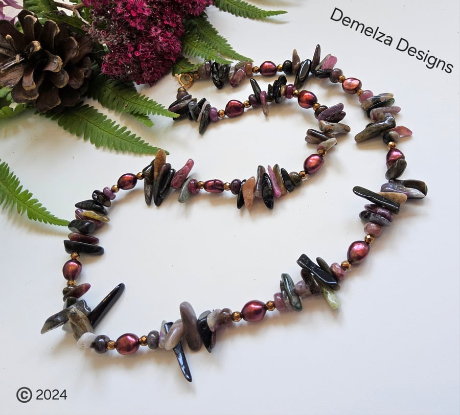 Tourmaline, Pearl & Heamotite Necklace 925 Sterling Silver 