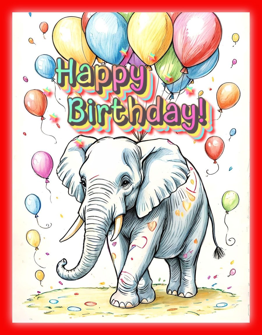 Happy Birthday Elephant with Balloons Card A5